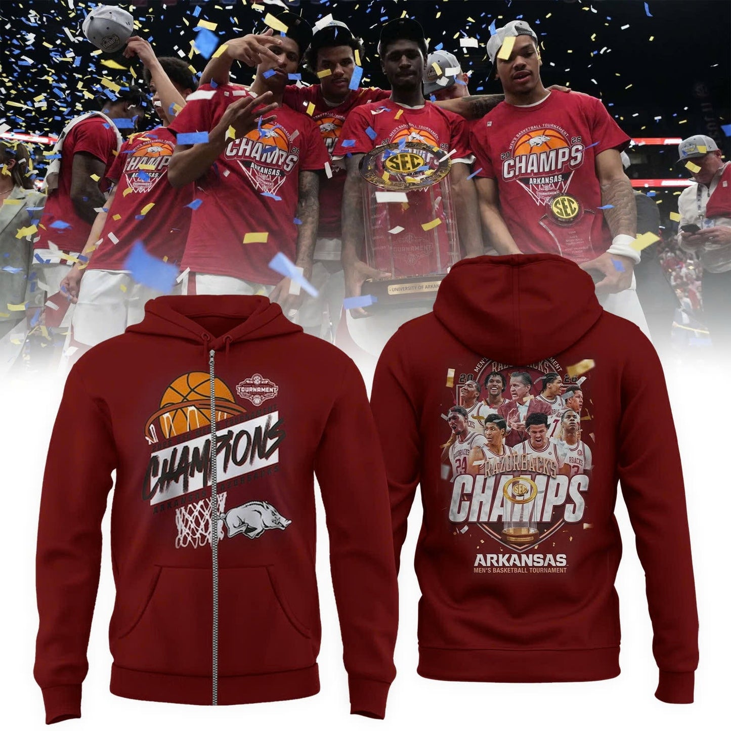 Arkansas Razorbacks Men's Basketball 2026 SEC Tournament Champions Locker Room ZipHoodie