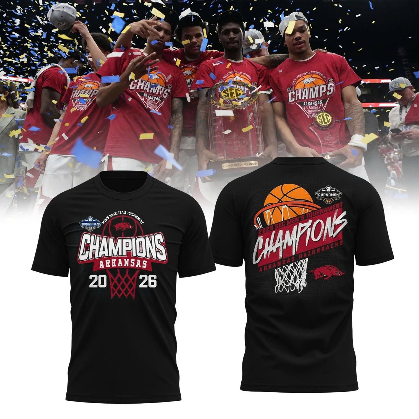 Arkansas Razorbacks Men's Basketball 2026 SEC Tournament Champions Locker Room Short Sleeve T-Shirt