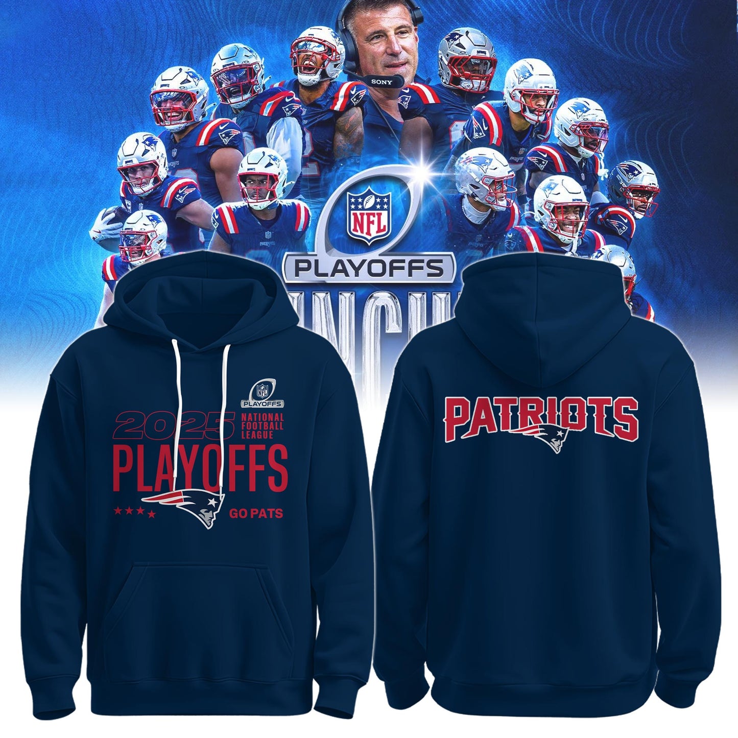 New England Patriots Royal Blue Playoffs 2025 Hoodie