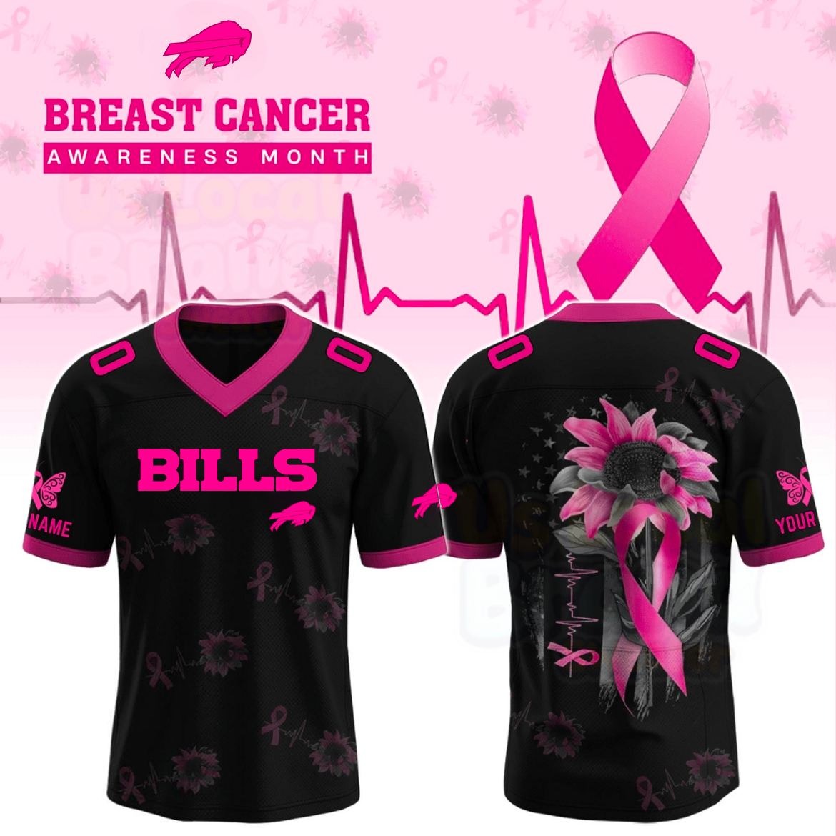 Buffalo Bills x Breast Cancer Awareness Month Black – Limited Edition 2025 Personalized-V-neck Short Sleeve Jersey