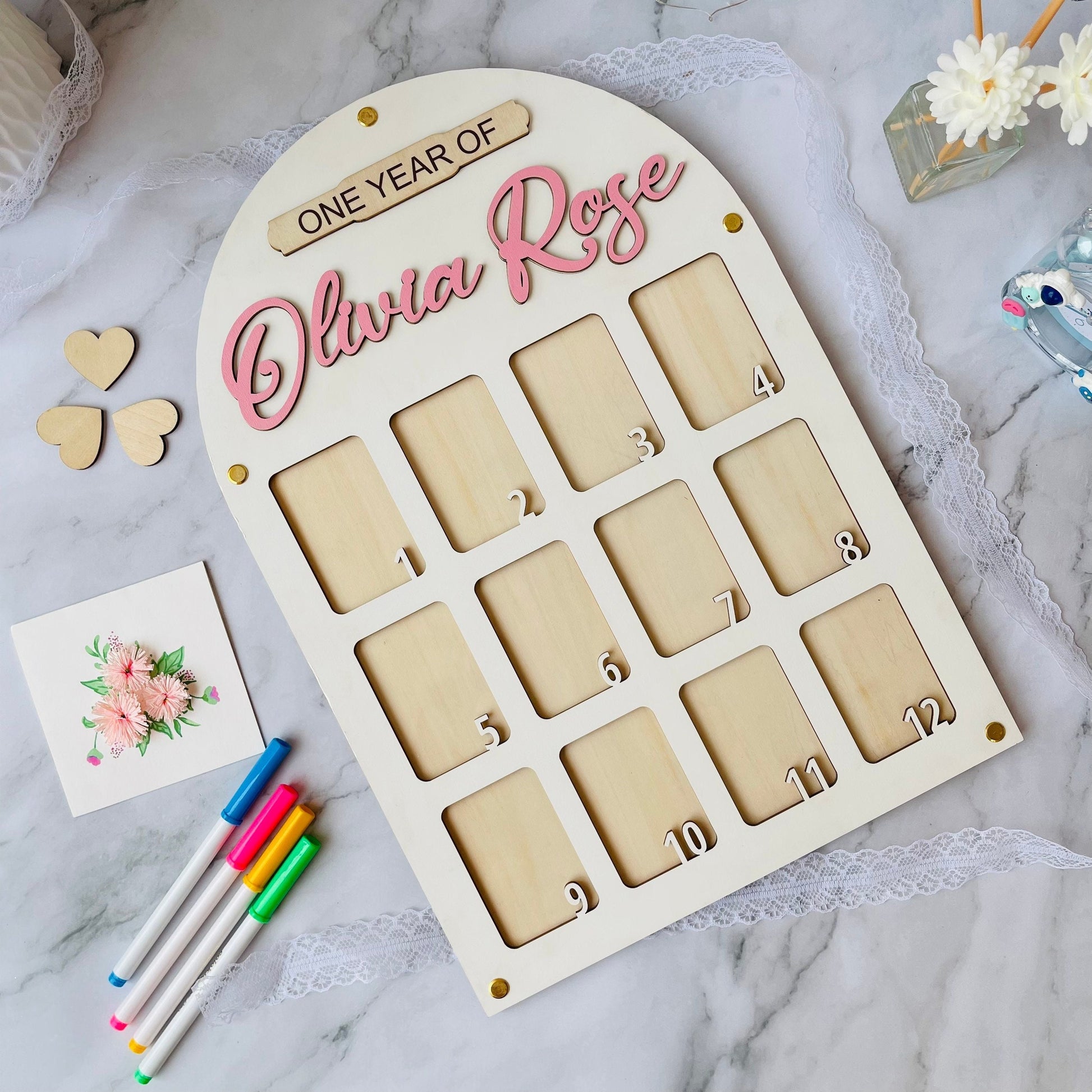 Baby Birth through One Year Monthly Picture Frame Wall Art, Personalized Wooden Photo Frame for Baby, Baby Gift