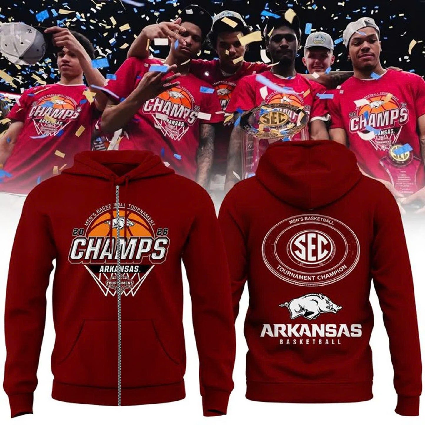 Arkansas Razorbacks Men's Basketball 2026 SEC Tournament Champions Locker Room ZipHoodie