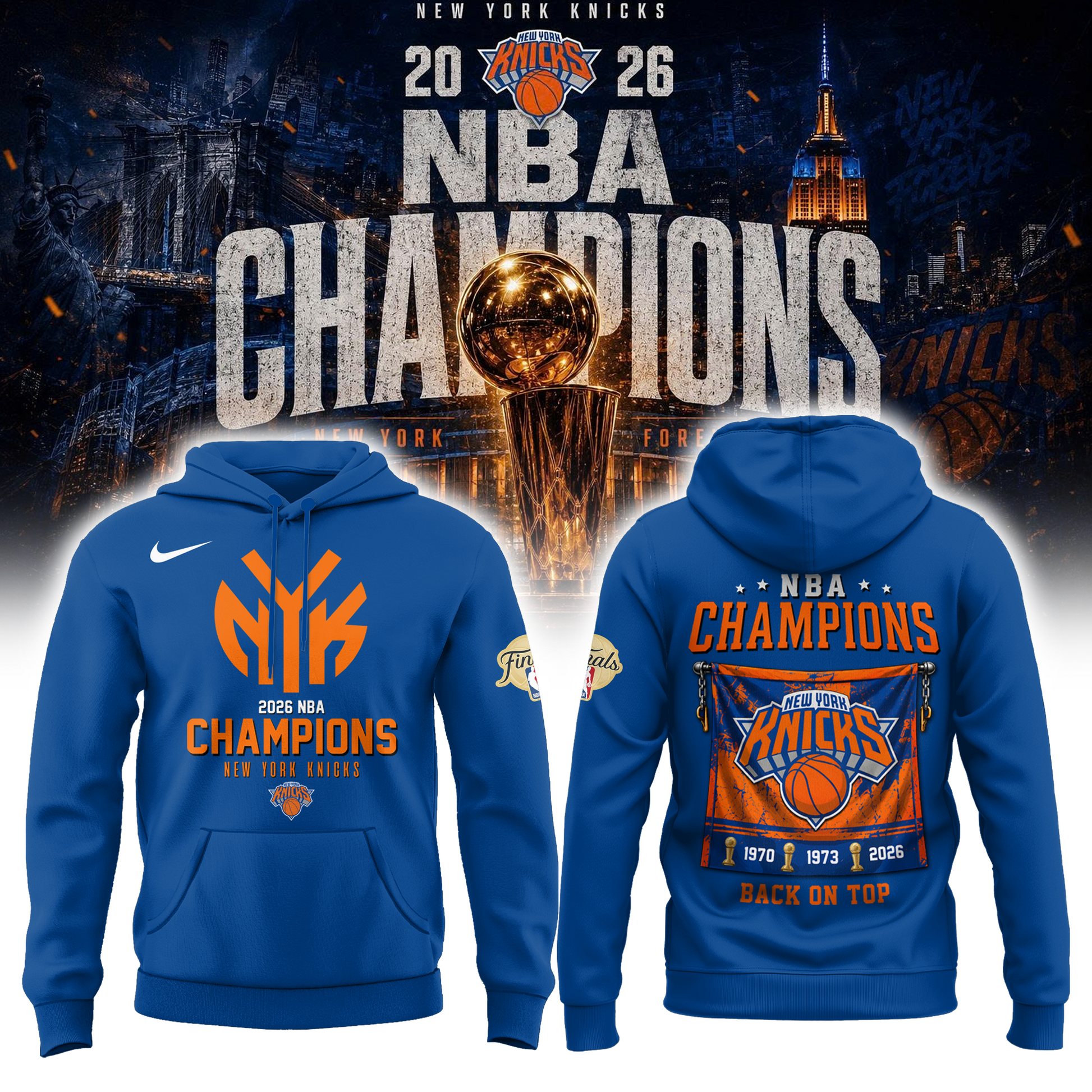 New York Basketball NBA Finals Champions Blue Hoodie v3