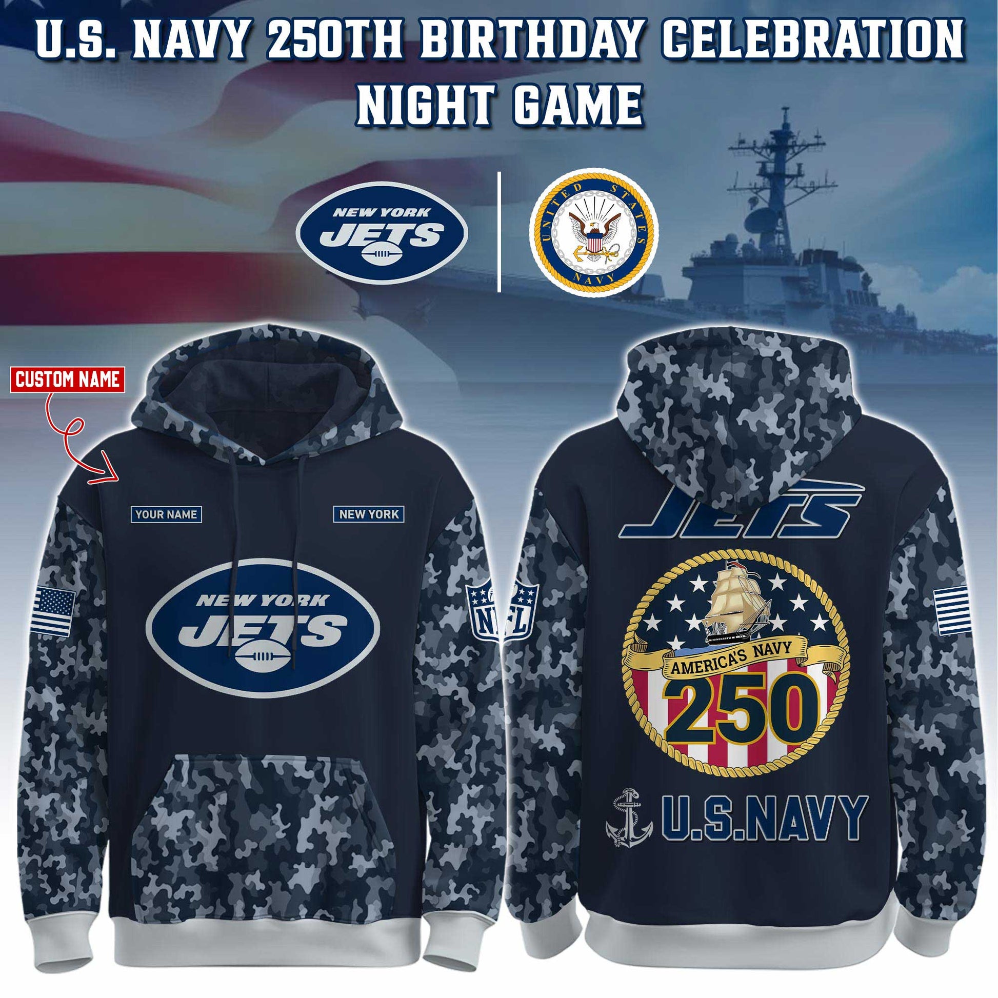 New York Jets Navy 250th Birthday Hoodie Limited Edions