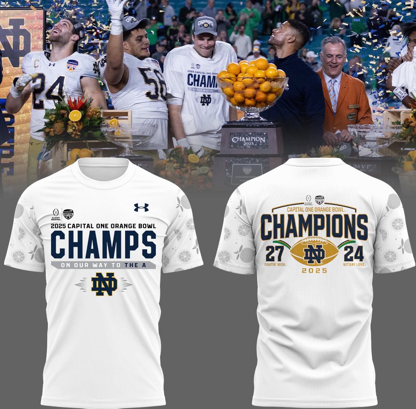 Notre Dame Fighting Irish Football NCAA Under Armour Limited Orange Bowl Champions White TShirt