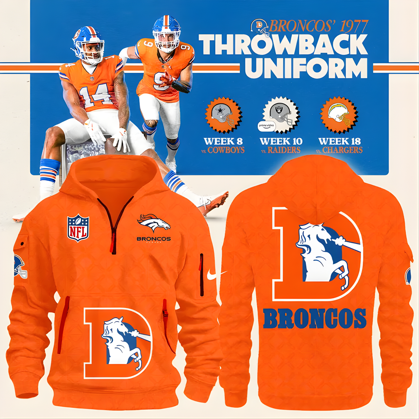 Men's NFL Denver Broncos Throwback 1977 Orange Quarter Zipper Hoodie