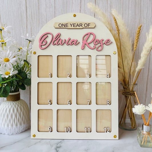 Baby Birth through One Year Monthly Picture Frame Wall Art, Personalized Wooden Photo Frame for Baby, Baby Gift