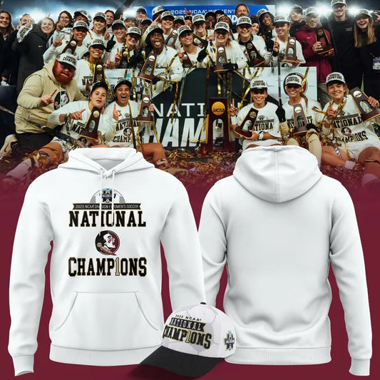 Unisex Champion White Florida State Seminoles 2025 NCAA Women's Soccer National Champions Locker Room Hoodie-V1(White)