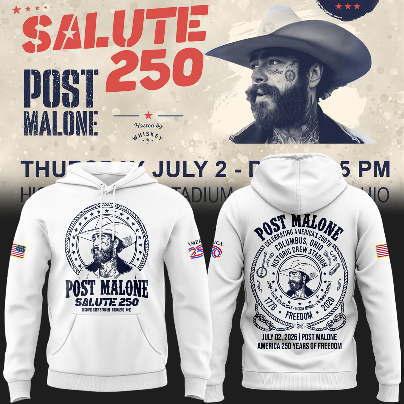 Exclusive Version 2026 Post Malone American 250th Anniversary White Hoodie