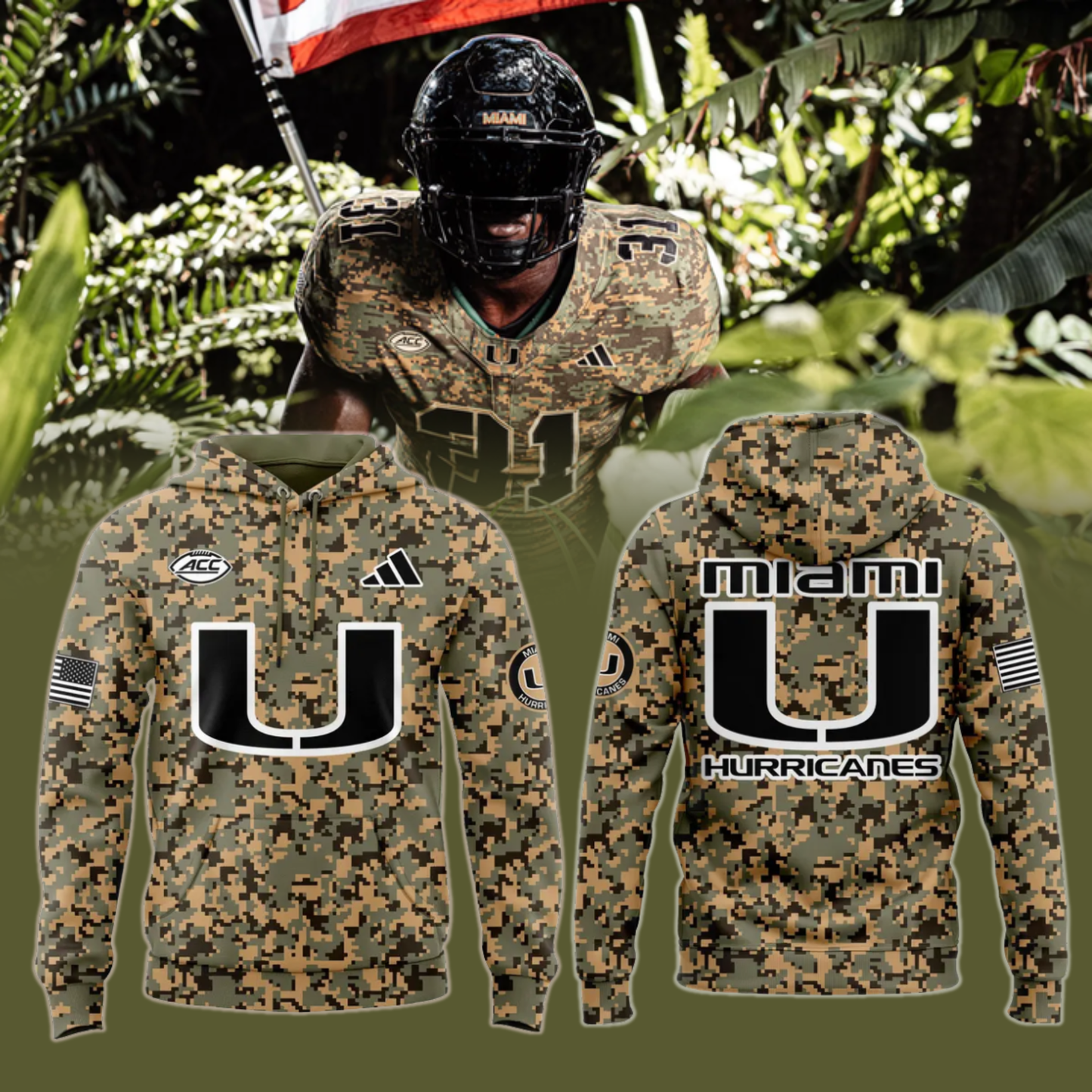Miami Hurricanes Football Military Camo Mode Hoodie 2025