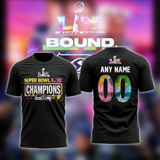 Seattle Seahawks Super Bowl LX Champions Custom Name & Number T-Shirt