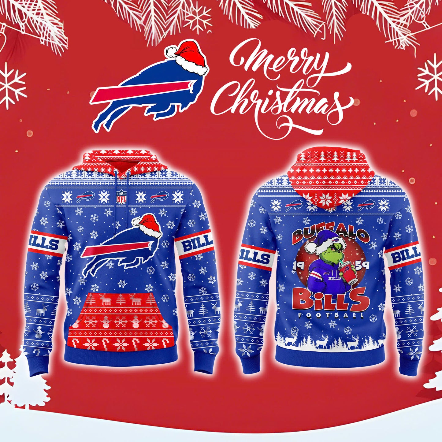 Buffalo Bills Grinch Christmas Fleece Edition Combo Hoodie &amp; Cap &amp; Jogger V2