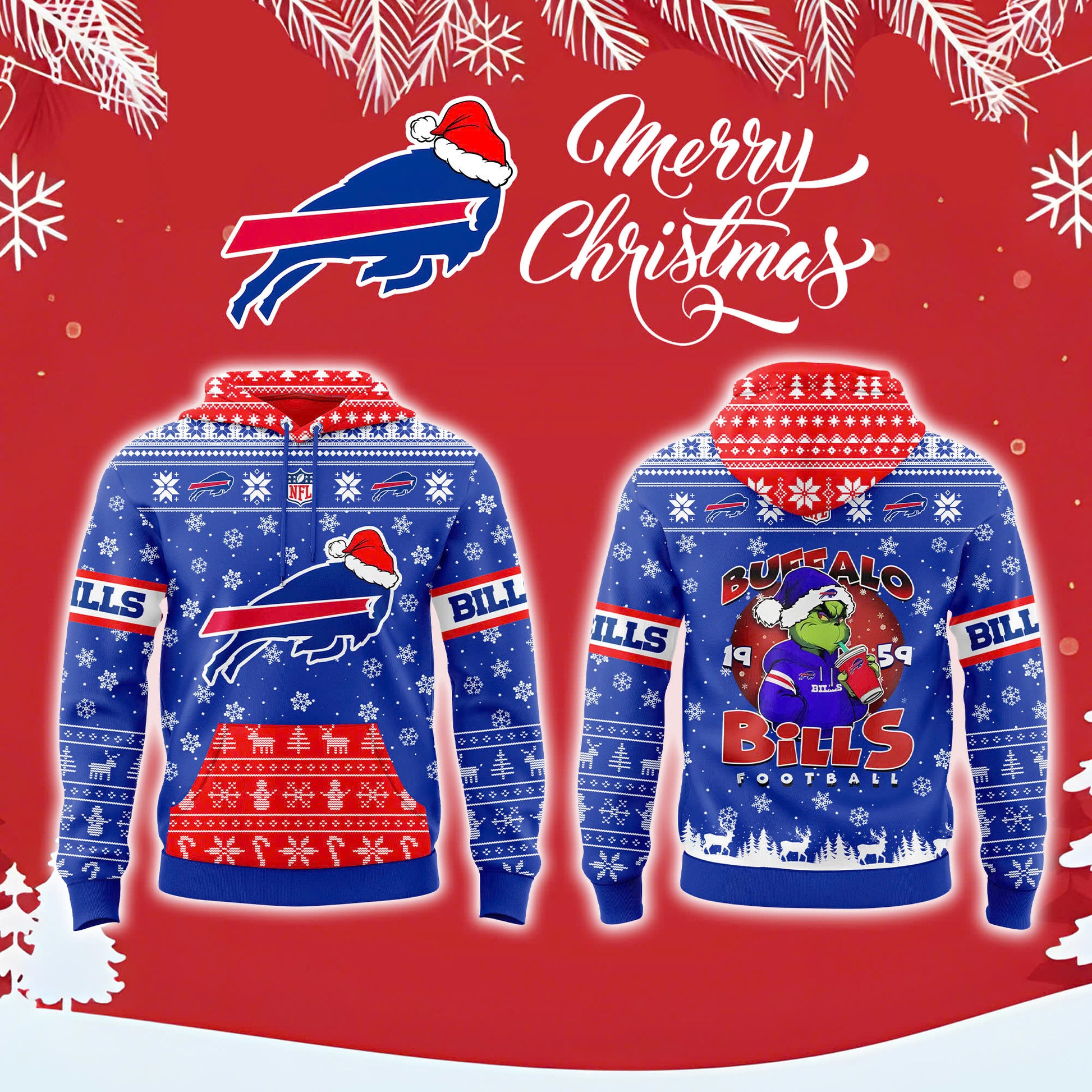 Buffalo Bills Grinch Christmas Fleece Edition Combo Hoodie &amp; Cap &amp; Jogger V2